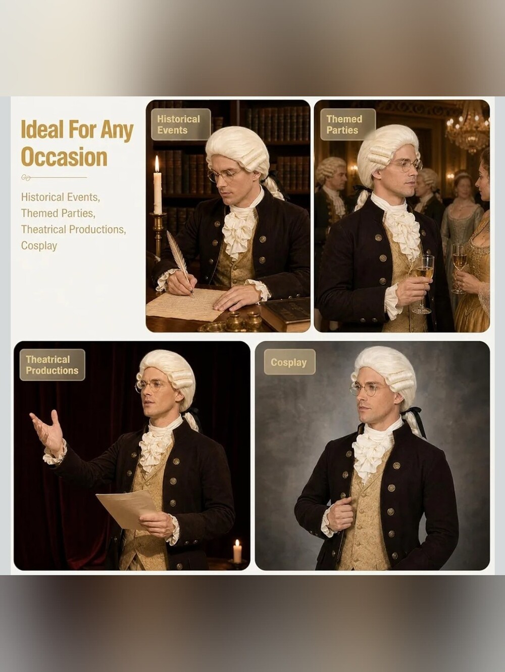 Mens Judge Colonial Wig with Glasses Long Blonde Powdered Wavy Wig Costume - Picture 5 of 13